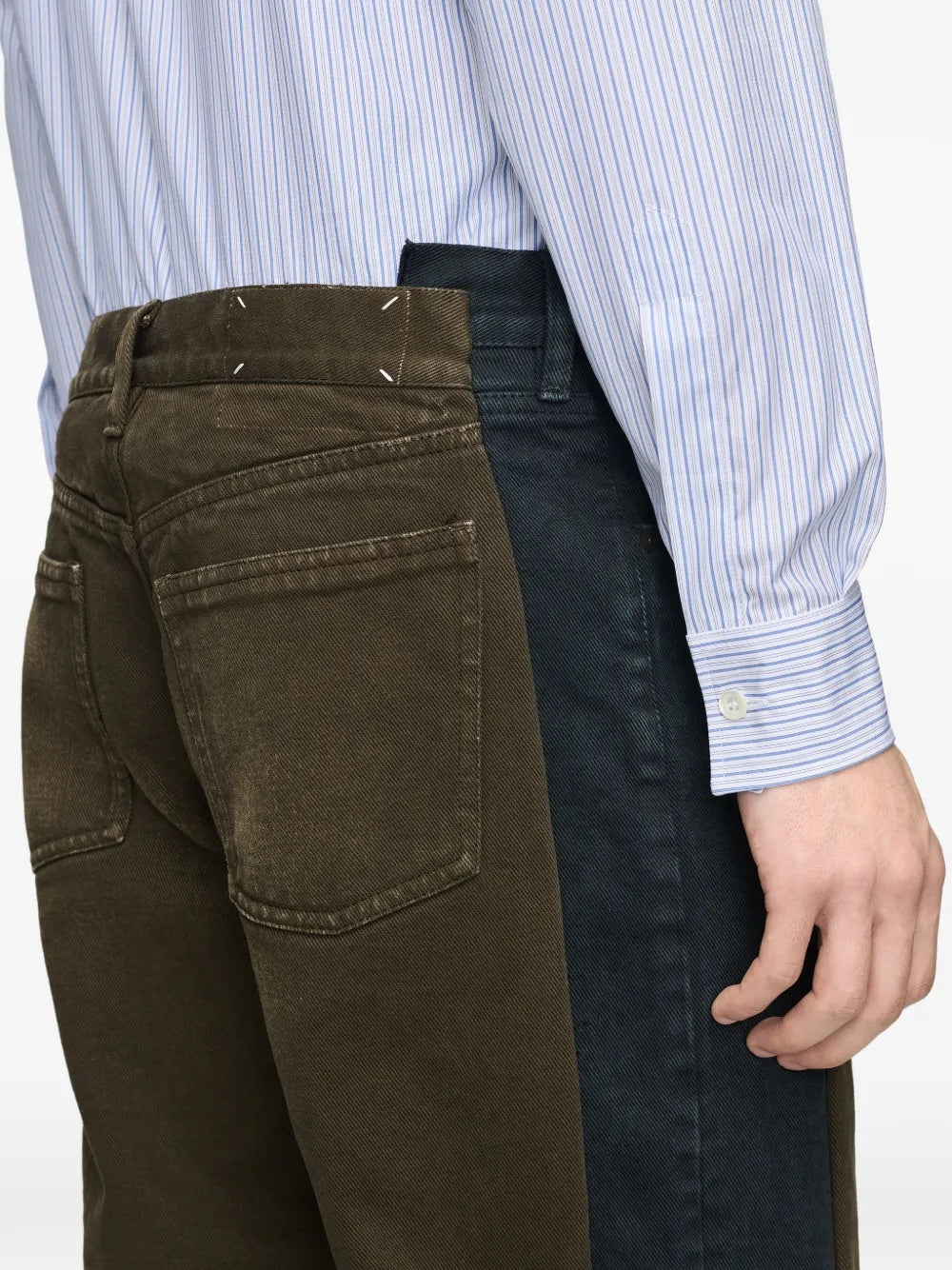 Close-up of back pocket and signature four stitches on Maison Margiela Spliced Trousers