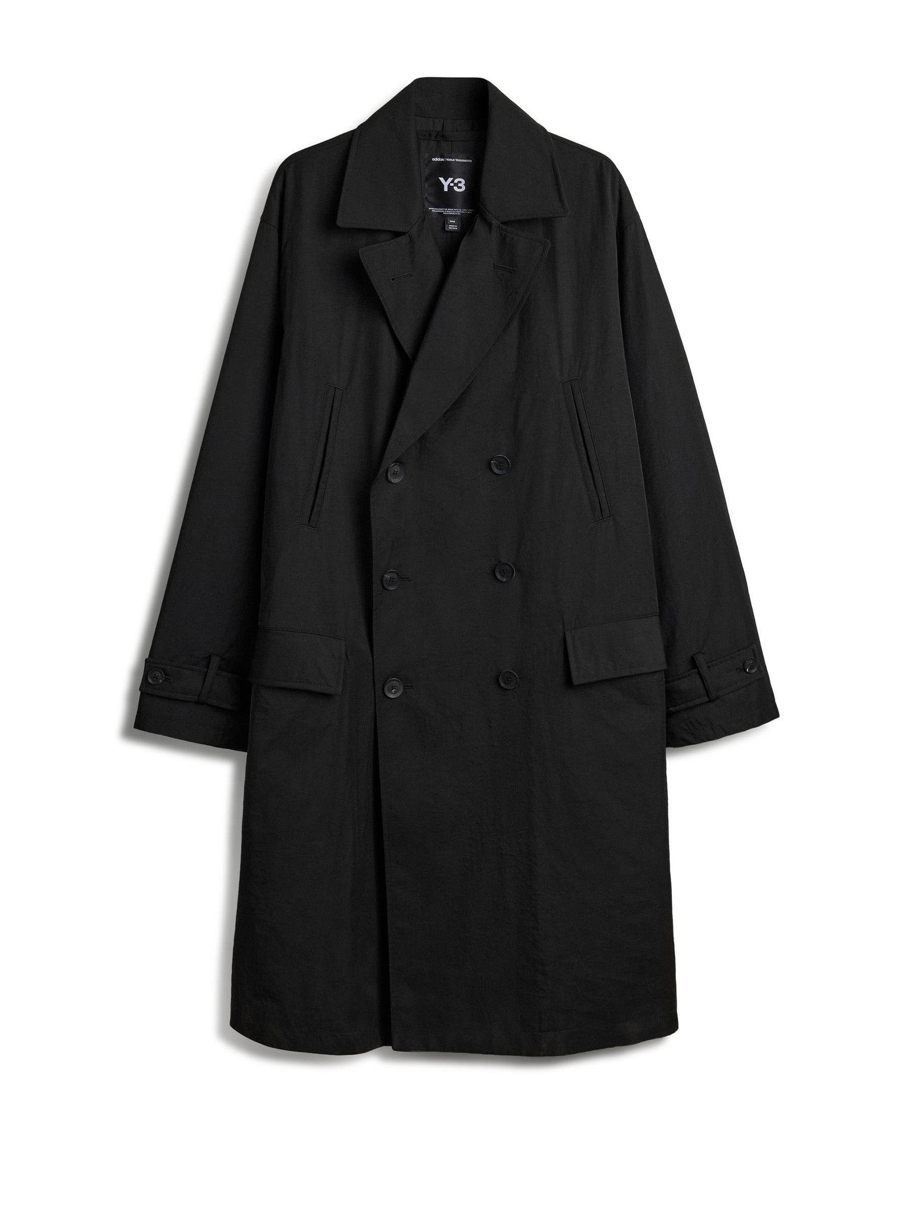 Y-3 Spun Nylon Cabban Coat in Black with a double-breasted front and relaxed silhouette.