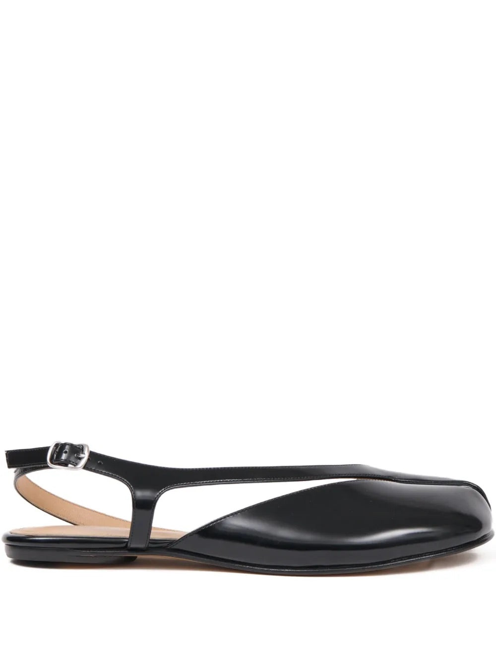 Side packshot of the Maison Margiela Tabi Flat Slingback in black calf leather, featuring the signature split toe, flat sole, and elegant slingback strap.