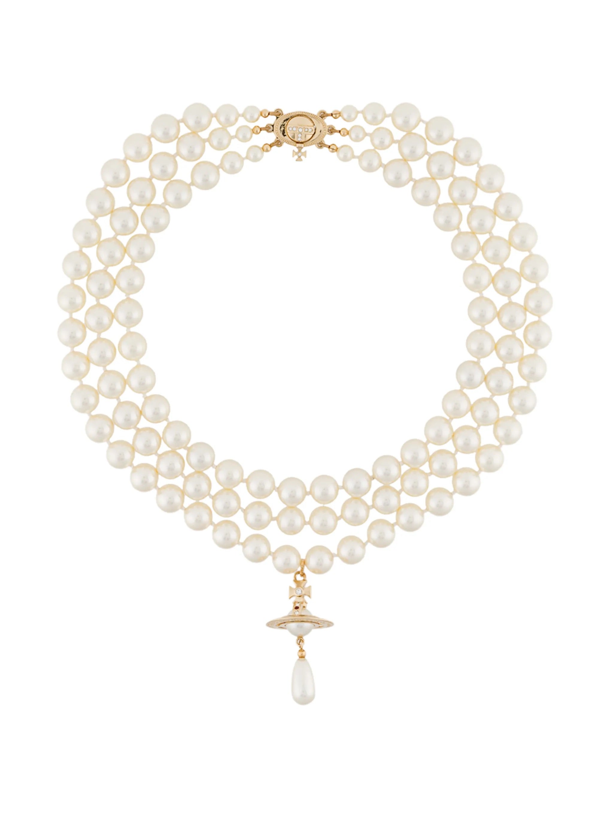 Vivienne Westwood pearl necklace with gold clasp and pendant on a white background