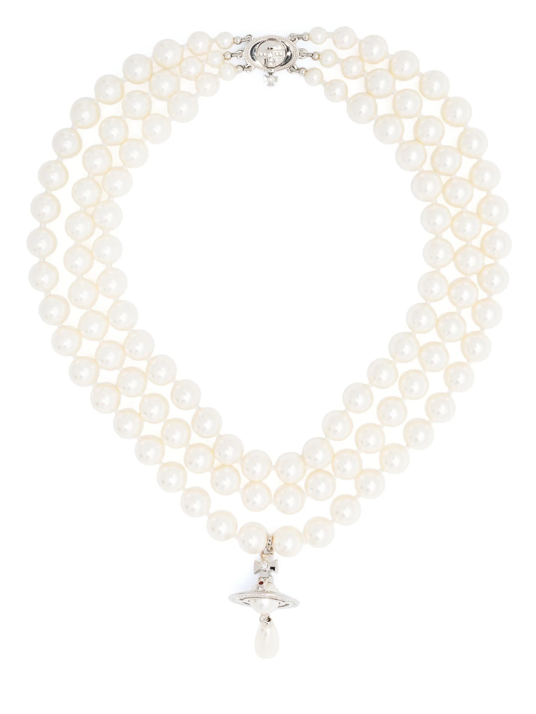 Vivienne Westwood three row pearl necklace with a silver clasp on a white background