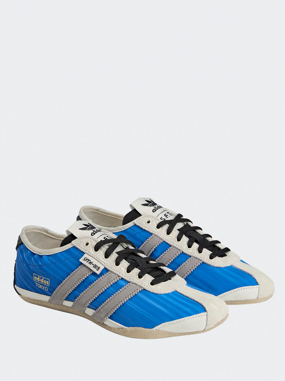 Adidas Tokyo W SFTM in Blue/Solid Grey/Off White - three-quarter back view showing blue upper and grey three stripes detailing