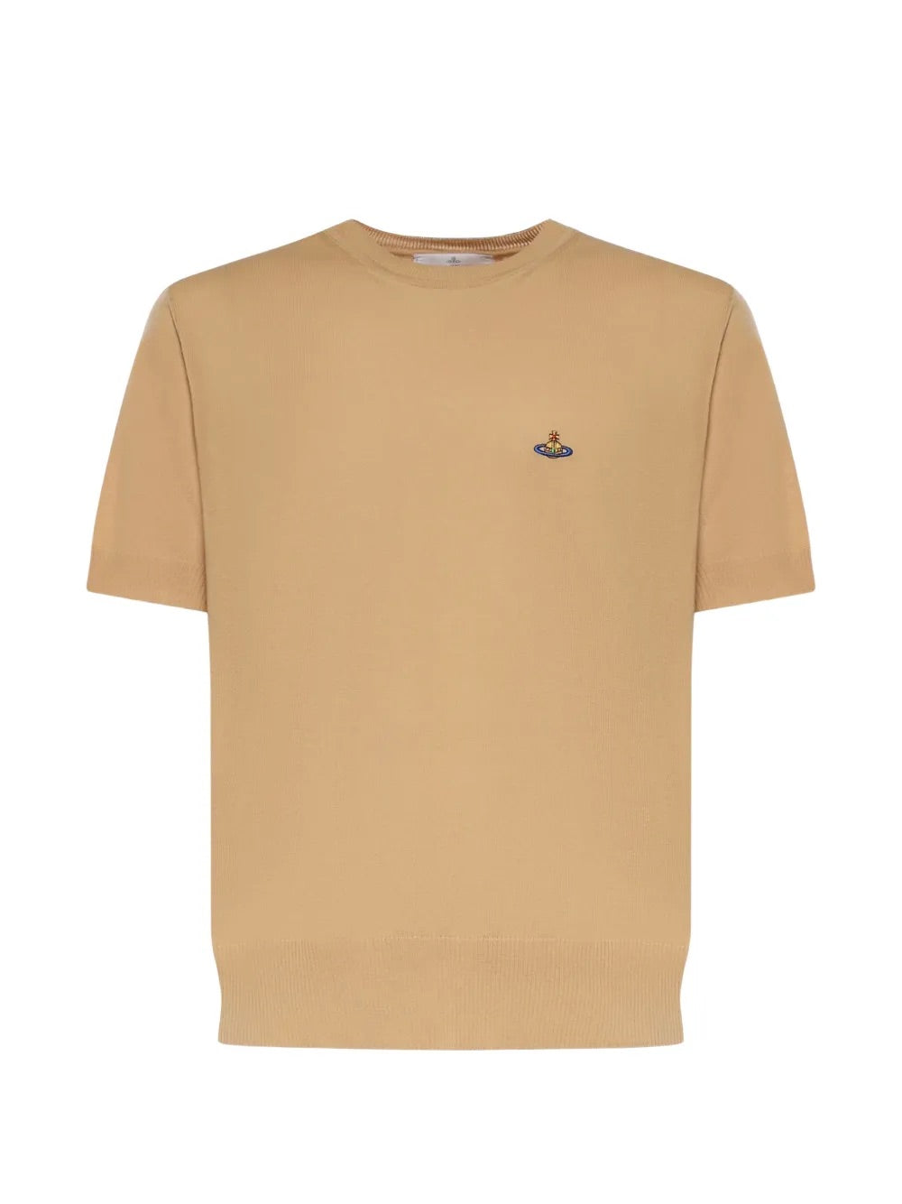 Alex T-Shirt in Sand by Vivienne Westwood, front view of relaxed-fit sand cotton crew neck t-shirt with short sleeves, ribbed hem and multicolour Orb logo embroidery at chest, Spring/Summer 2026