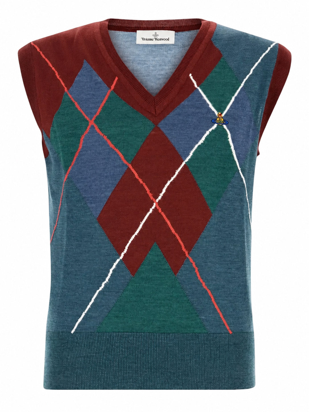 Vivienne Westwood Argyle Vest in Multi wool cotton blend with blue burgundy green argyle pattern, V-neckline and embroidered orb motif
