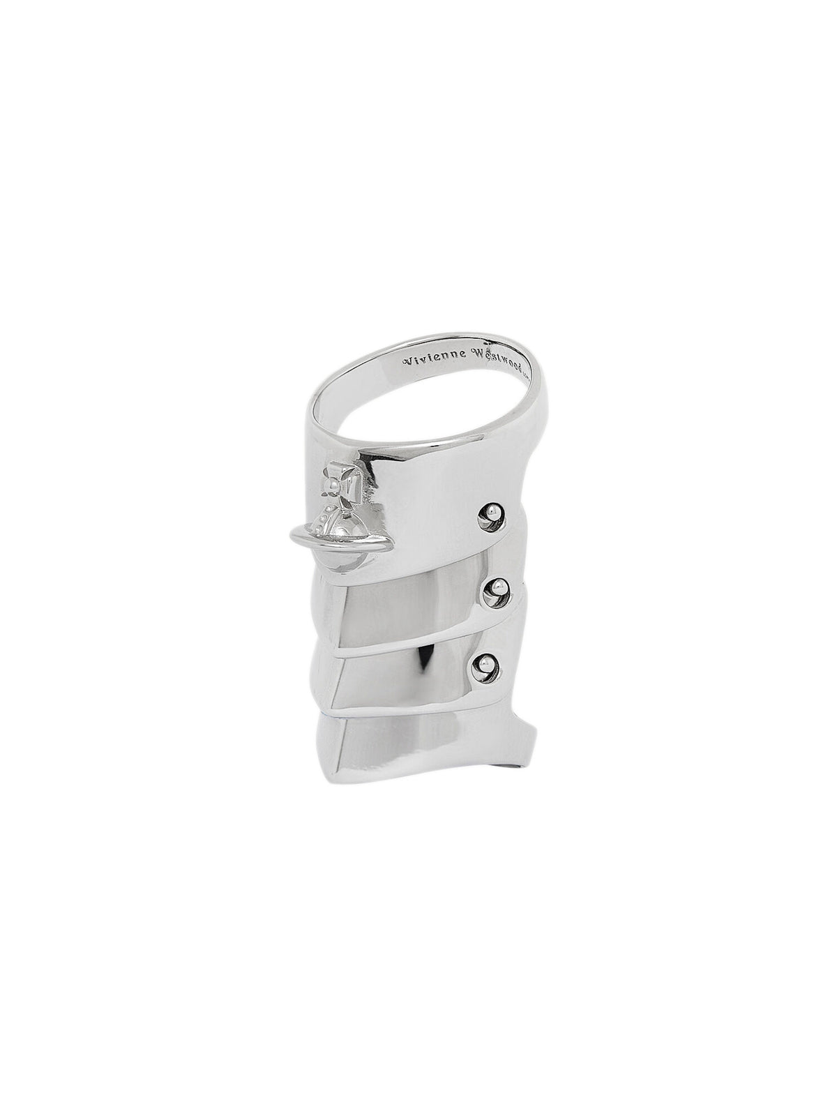 Silver ring with four platinum-plated silver sections that overlap on a white background