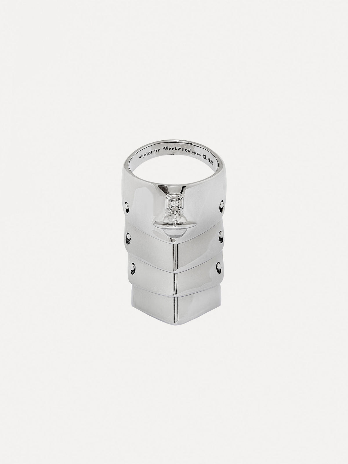 Silver ring with four platinum-plated silver sections that overlap on a white background