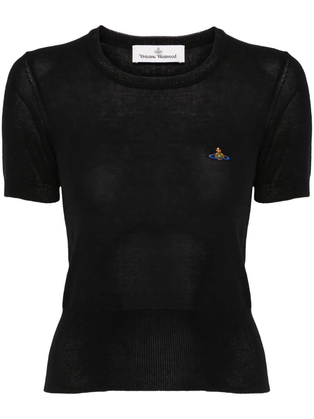 Bea Top in Black by Vivienne Westwood, front view of slim-fit black crew neck top with short sleeves, ribbed cuffs and hem, iconic multicolour Orb embroidery at chest, Spring/Summer 2026
