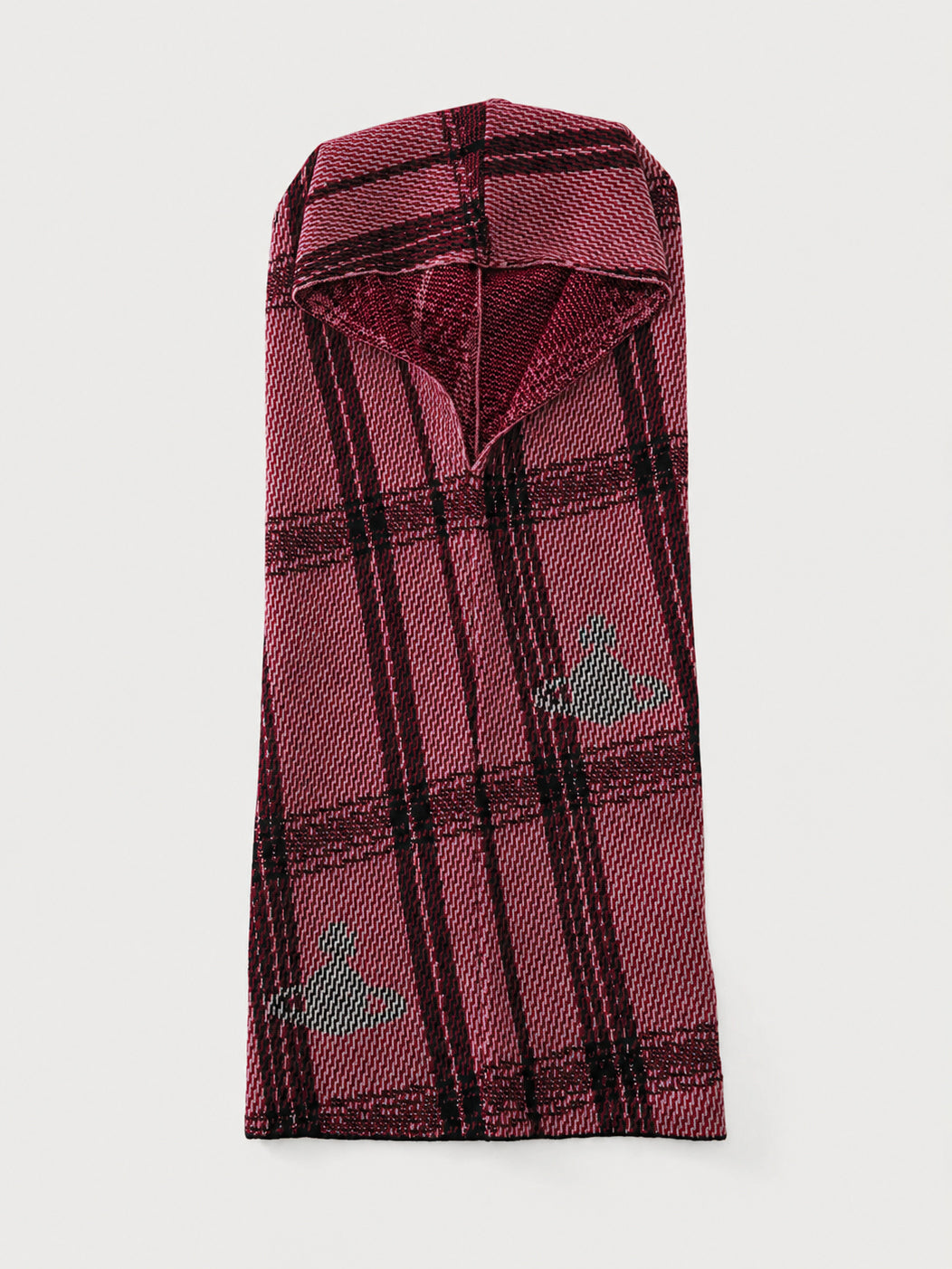 Vivienne Westwood Bi Tartan Hood in Red, open hooded scarf with wrap-style neckline and tartan knit design