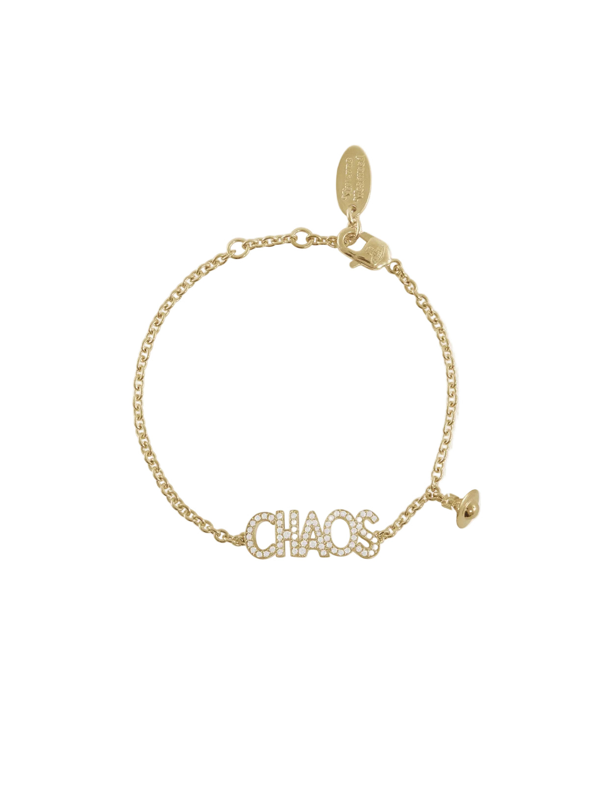 Vivienne Westwood Chaos Bracelet in Gold with crystal-encrusted CHAOS lettering, Orb charm and adjustable trace chain.