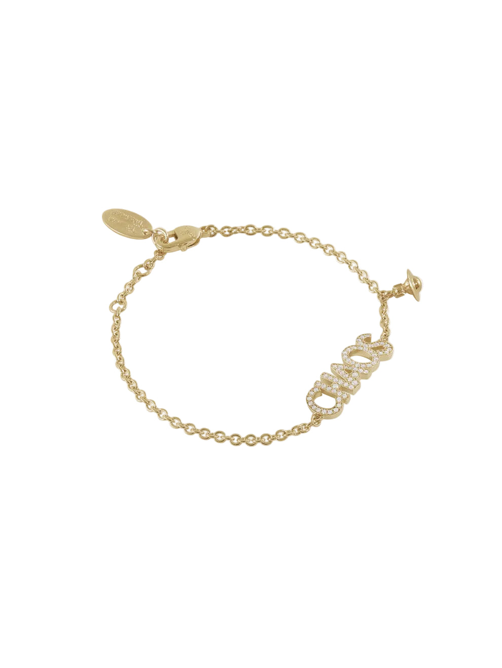 Vivienne Westwood Chaos Bracelet in Gold shown at an angle with crystal CHAOS motif, Orb charm and lobster clasp fastening.