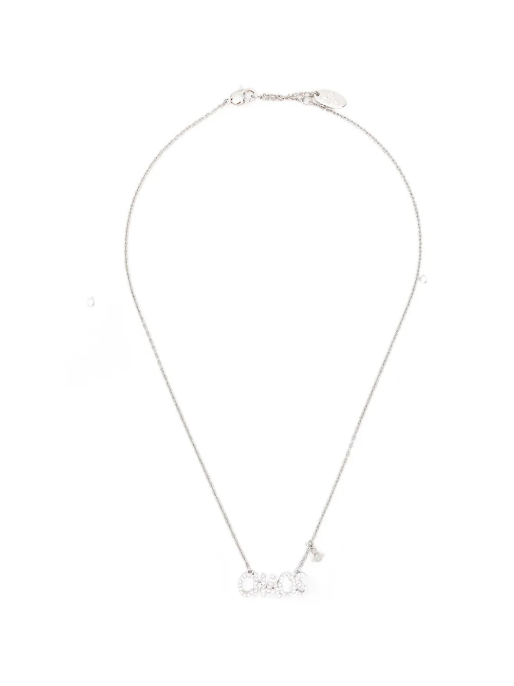 Vivienne Westwood Chaos Pendant in Platinum, full necklace view with fine chain, CHAOS lettering pendant, orb charm and clasp fastening