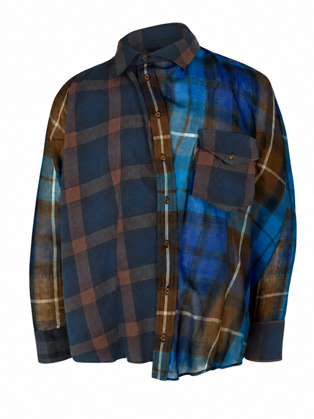 Vivienne Westwood Chaos Shirt in Multi with blue brown orange Quadrophenia check, mismatched panels, off-centre collar and asymmetric hem