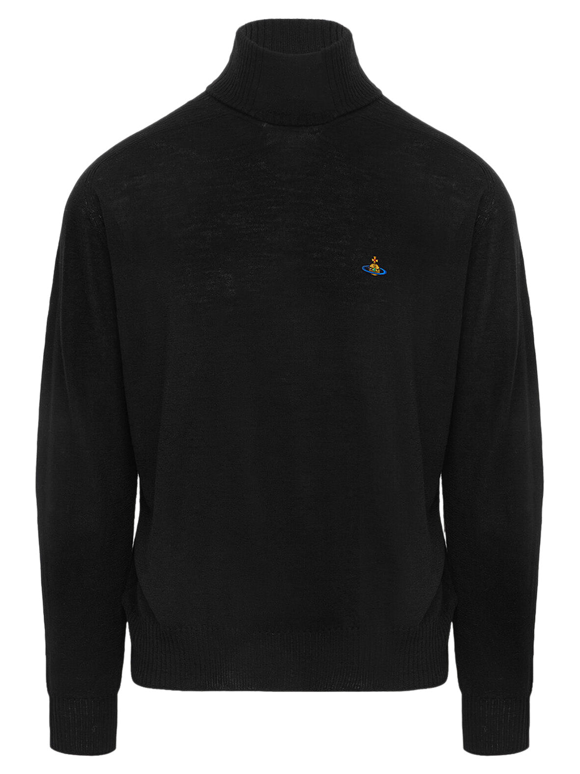 Black turtleneck sweater with a small embroidered brand logo on a white background