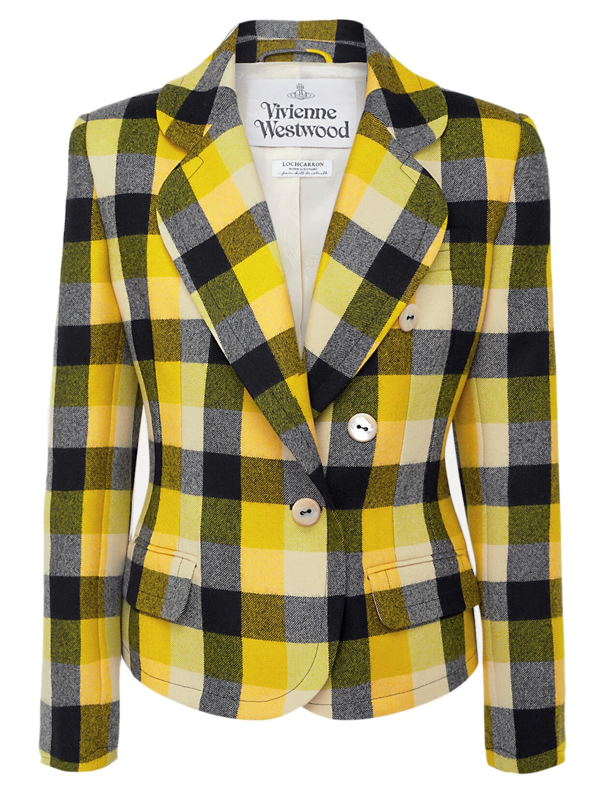 Yellow and black checkered jacket from Vivienne Westwood on white background.