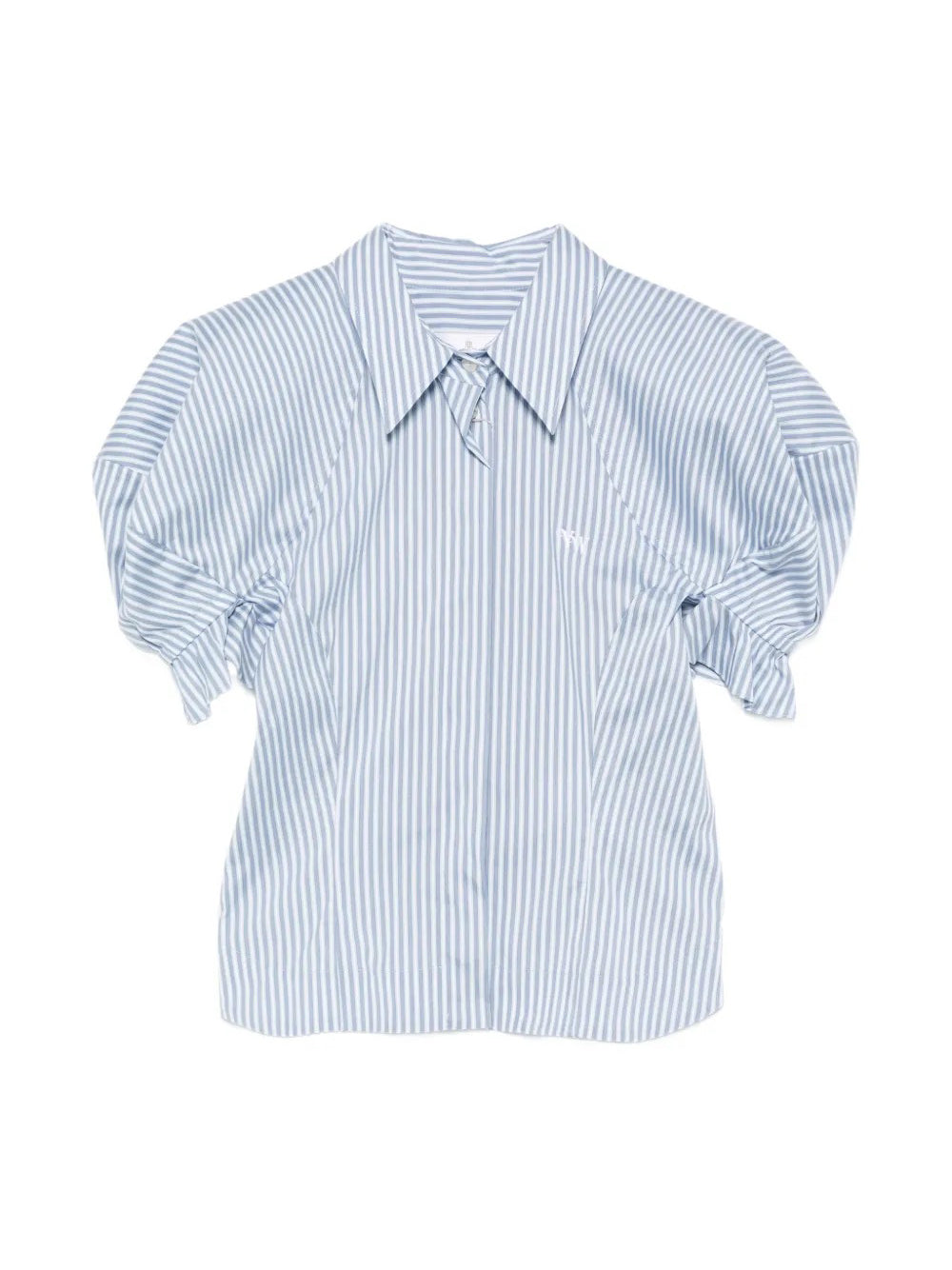 Gexy Top in Blue/White by Vivienne Westwood, front view of relaxed-fit blue and white striped cotton-blend top with pointed collar, concealed button fastening and dramatically gathered short sleeves, Spring/Summer 2026