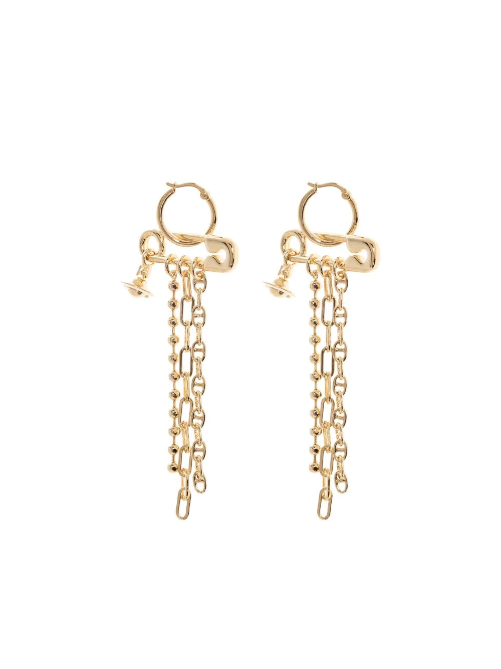 Ginetta Earrings in Gold by Vivienne Westwood, front view of gold-tone drop earring pair featuring safety-pin bar, mixed ball and chunky link chain drops and miniature Orb charm, hoop fastening, Spring/Summer 2026