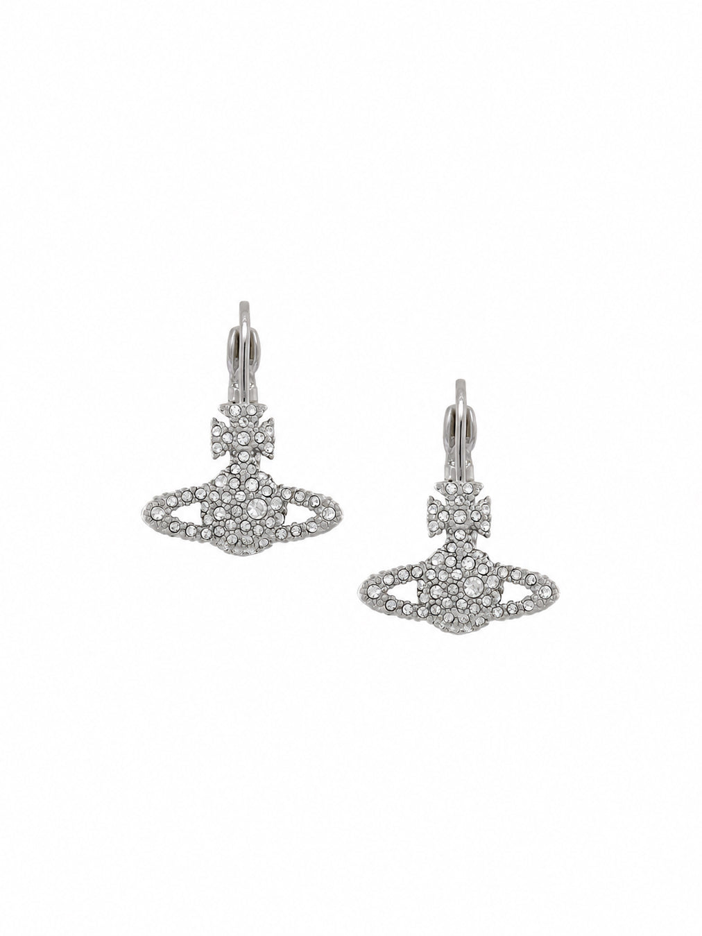 Vivienne Westwood Grace Bas Relief Earrings in platinum crystal with silver-tone orb drops, pavé crystal embellishments and hinge fastenings