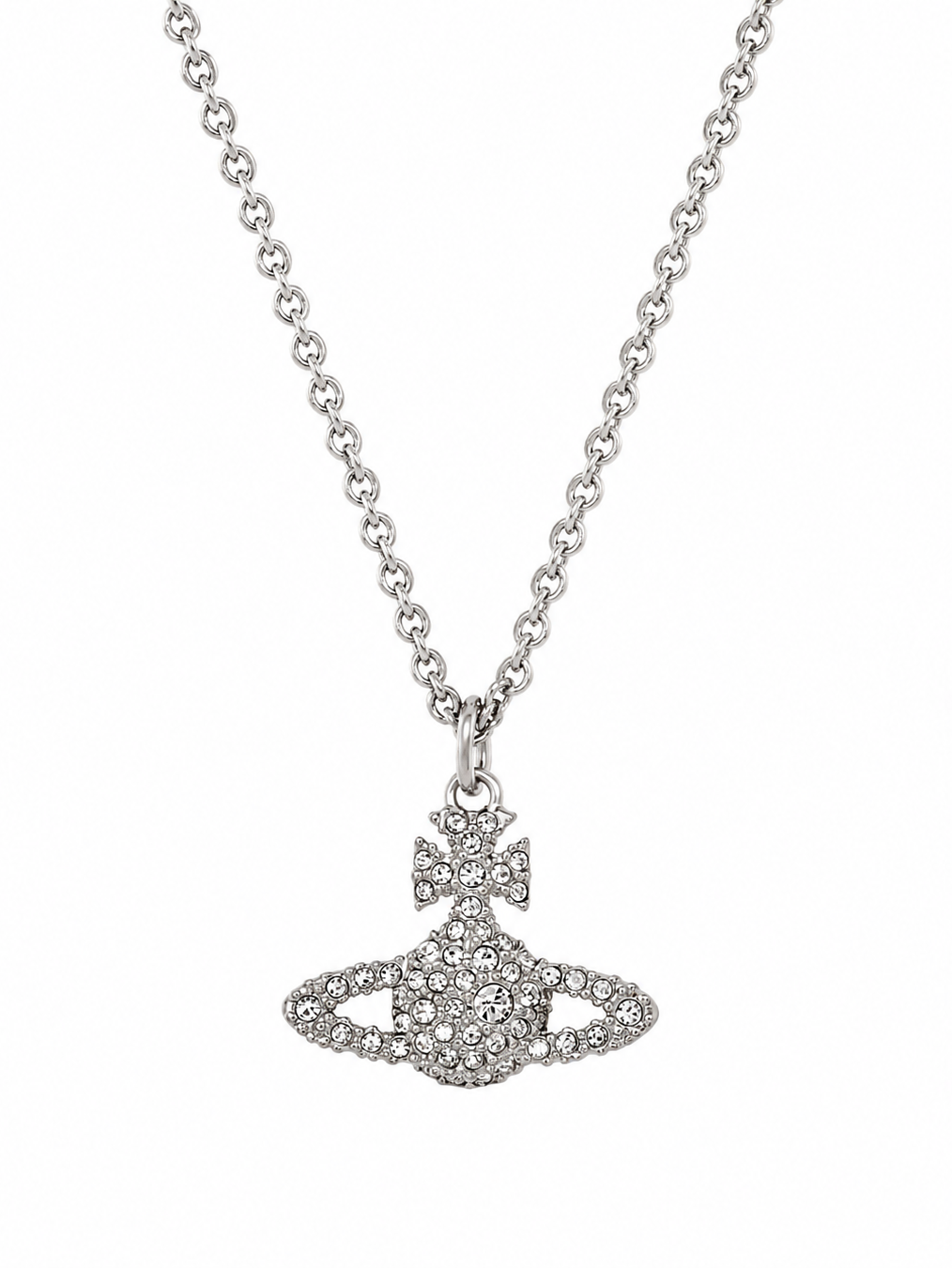 Vivienne Westwood Grace Bas Relief Pendant in platinum crystal with silver-tone orb pendant, clear crystal embellishments and trace chain