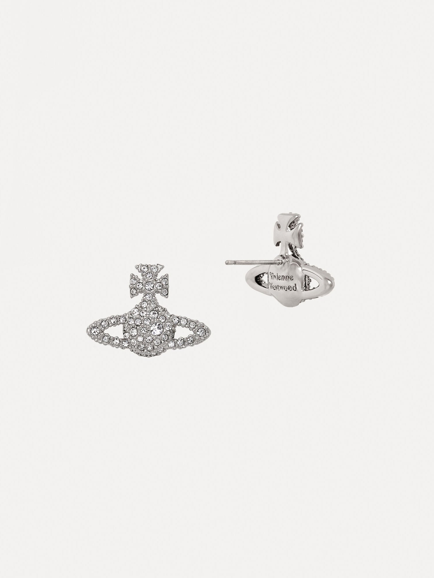 Back view of Vivienne Westwood Grace Bas Relief Stud Earrings in platinum crystal showing orb butterfly fastenings, engraved backs and crystal orb motifs