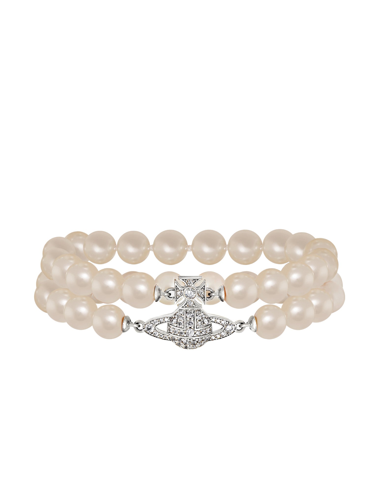 Pearl bracelet with an orb-shaped clasp on a white background