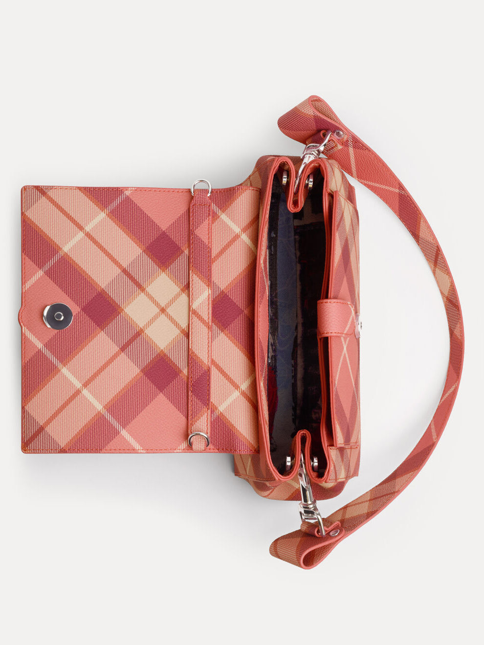 Vivienne Westwood Hazel Medium Handbag in Fraser Pink, top view showing the open compartment, shoulder strap and check-patterned flap.