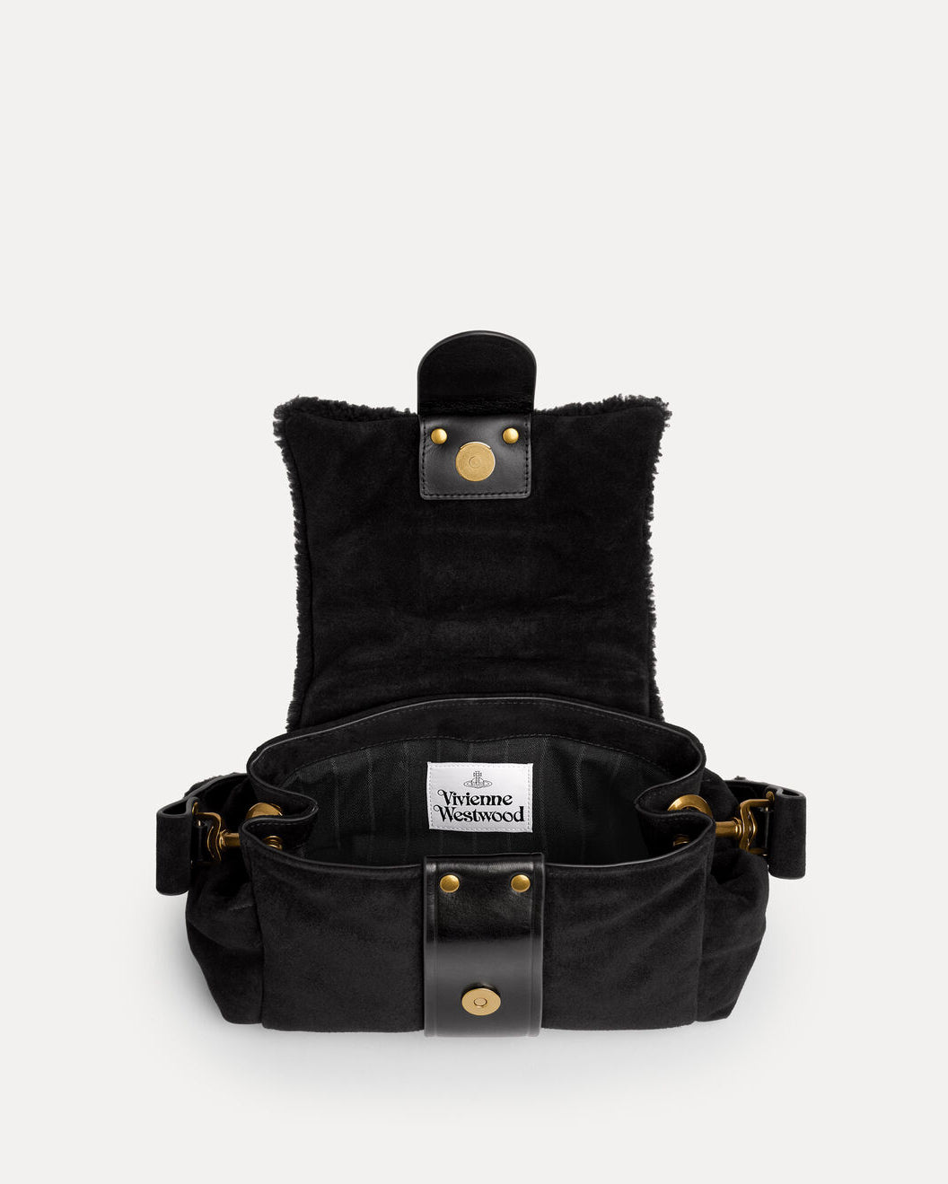 Vivienne Westwood Hazel Treasure Handbag in Black shown open, revealing the interior compartment, logo label and chain strap details.