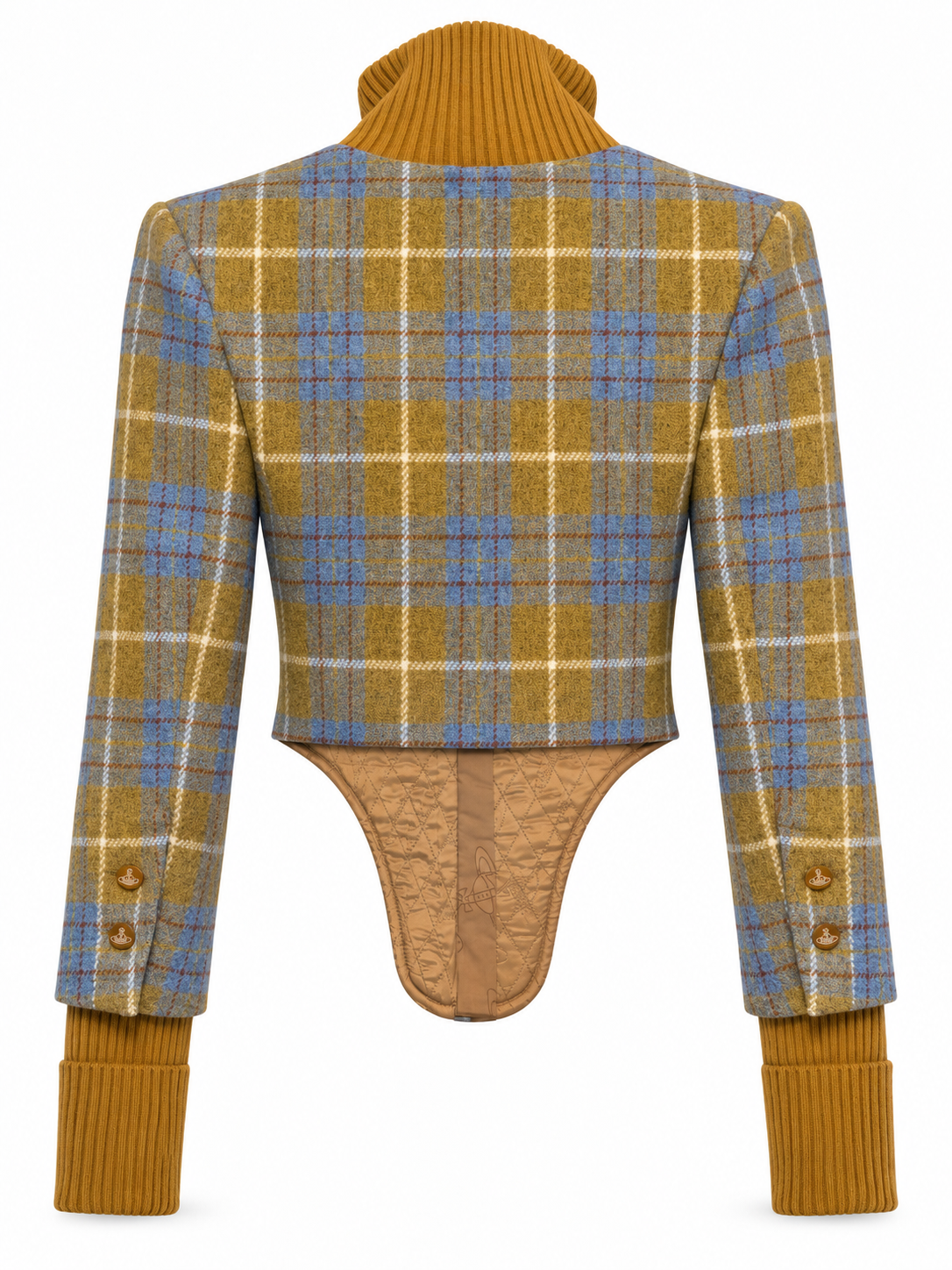Vivienne Westwood Historical Bomber Jacket in Multi, back view with cropped tweed body, rib-knit turtleneck, extended cuffs and quilted logo-woven satin lining detail.