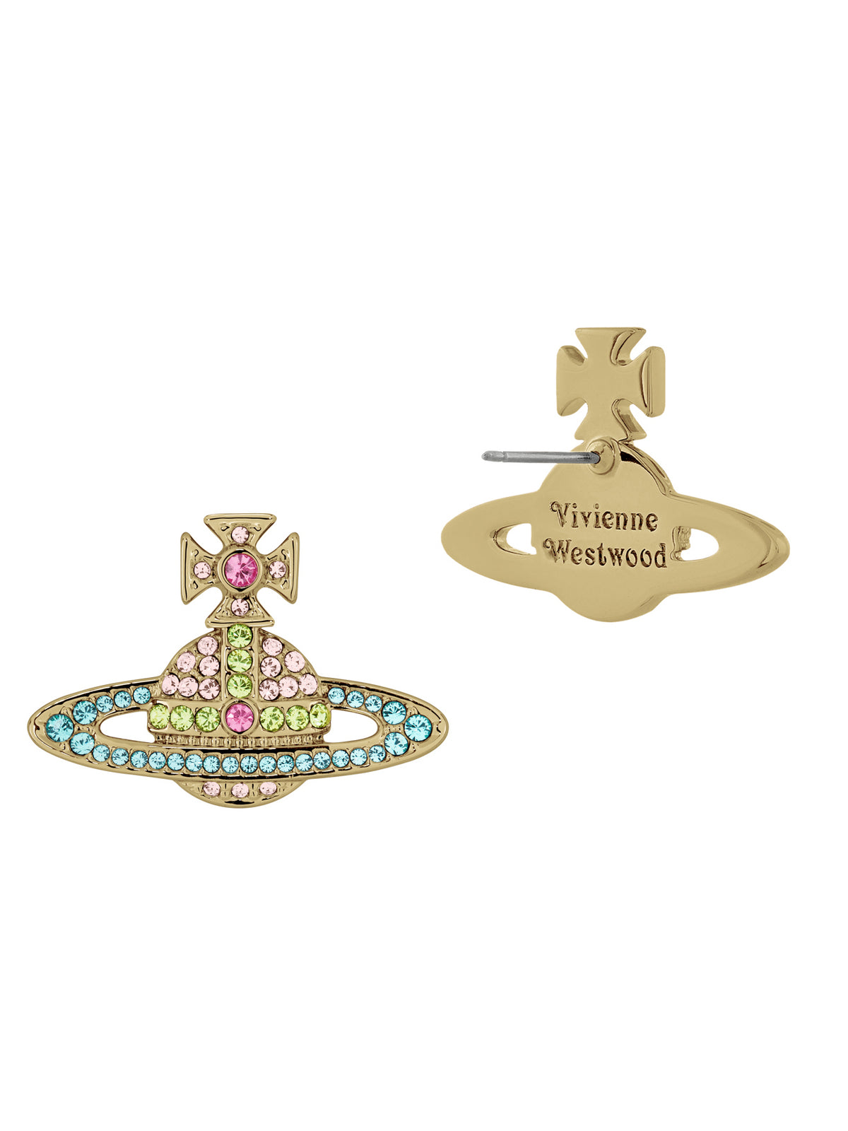 Vivienne Westwood Kika Earrings in Gold/Vintage Rose/Light Turquoise shown from front and back with stud fastening and engraved branding.
