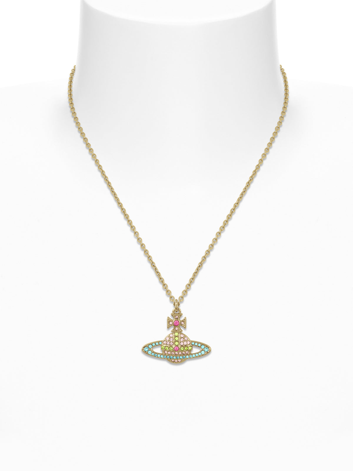 Vivienne Westwood Kika Pendant in Gold/Vintage Rose/Light Turquoise shown on a necklace display with crystal Orb pendant.