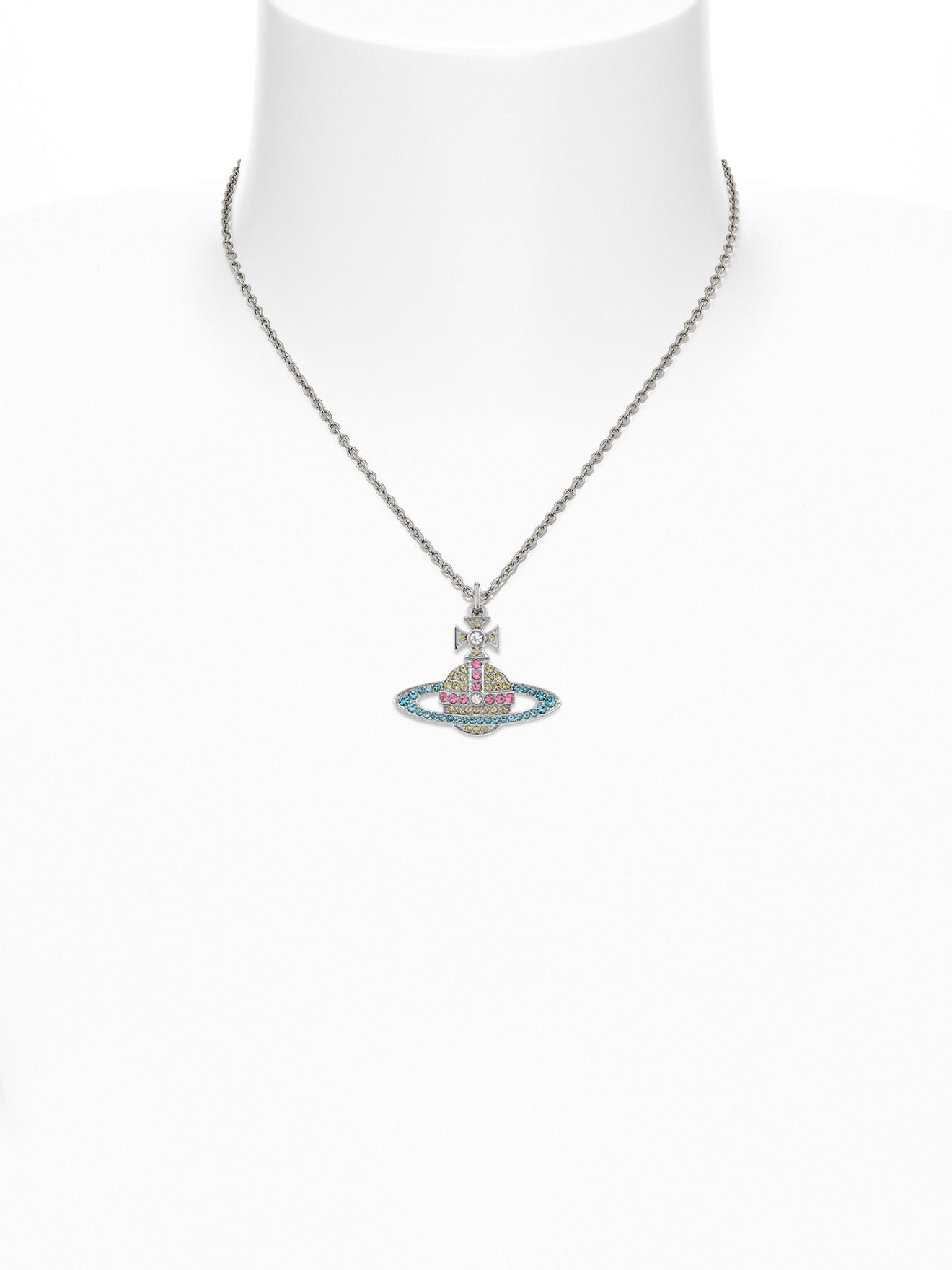 Platinum orb-shaped pendant with blue and yellow coloured jewels from Vivienne Westwood