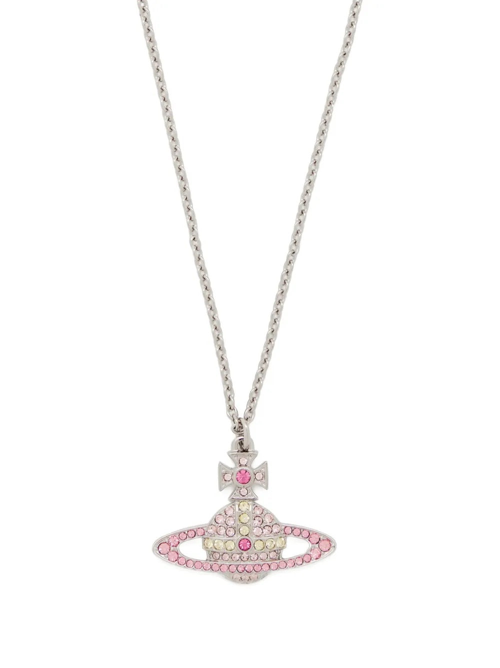 Kika Pendant in Platinum/Vintage Rose by Vivienne Westwood, closeup of silver-tone chain necklace with crystal-embellished Orb pendant in vintage rose and clear stones, Spring/Summer 2026