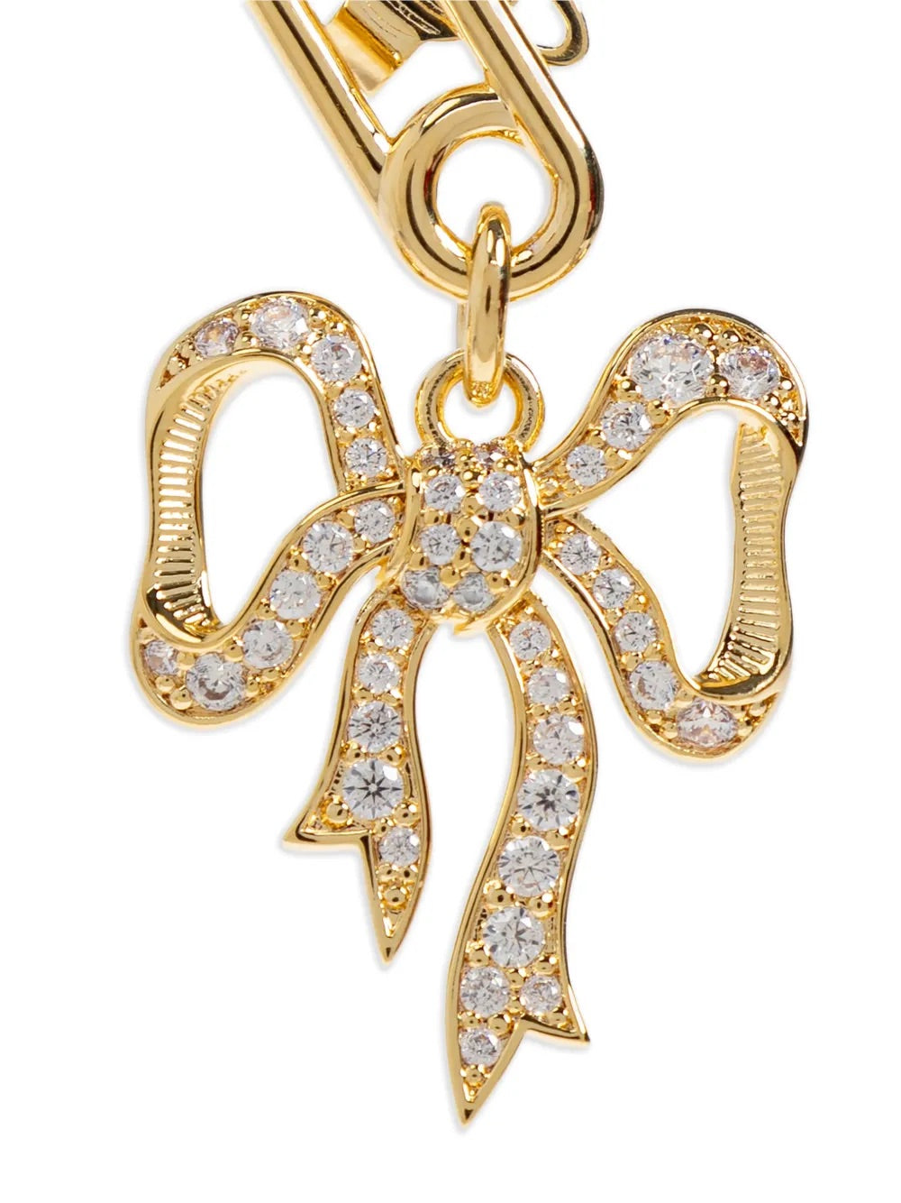 Closeup of Vivienne Westwood Lilith Earring in gold, detailing pavé crystals, safety pin design, and orb motif.