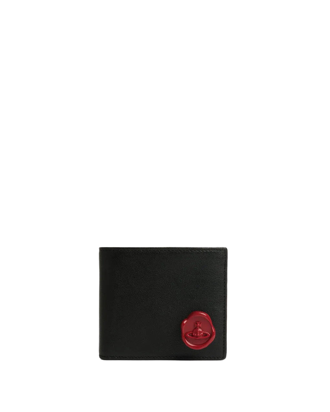 Vivienne Westwood Man Billfold wallet in Black, shown closed from the front with a smooth leather finish and red wax-seal orb detail.