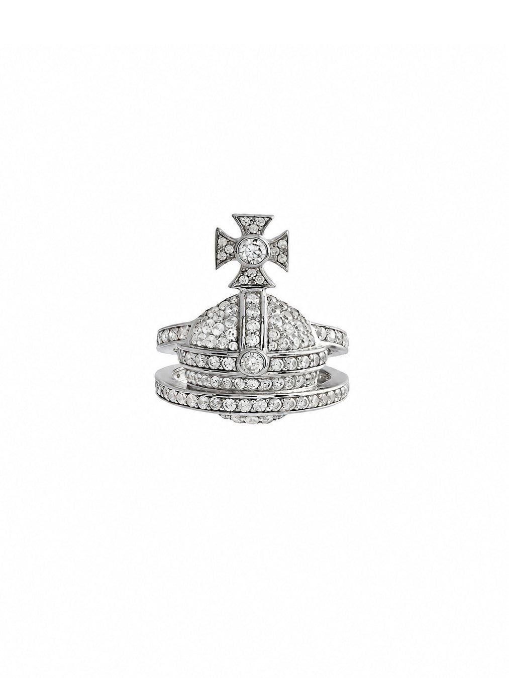 Vivienne Westwood Orb Ring in platinum with crystal-covered orb motif, thick band and cut-out Saturn ring detail