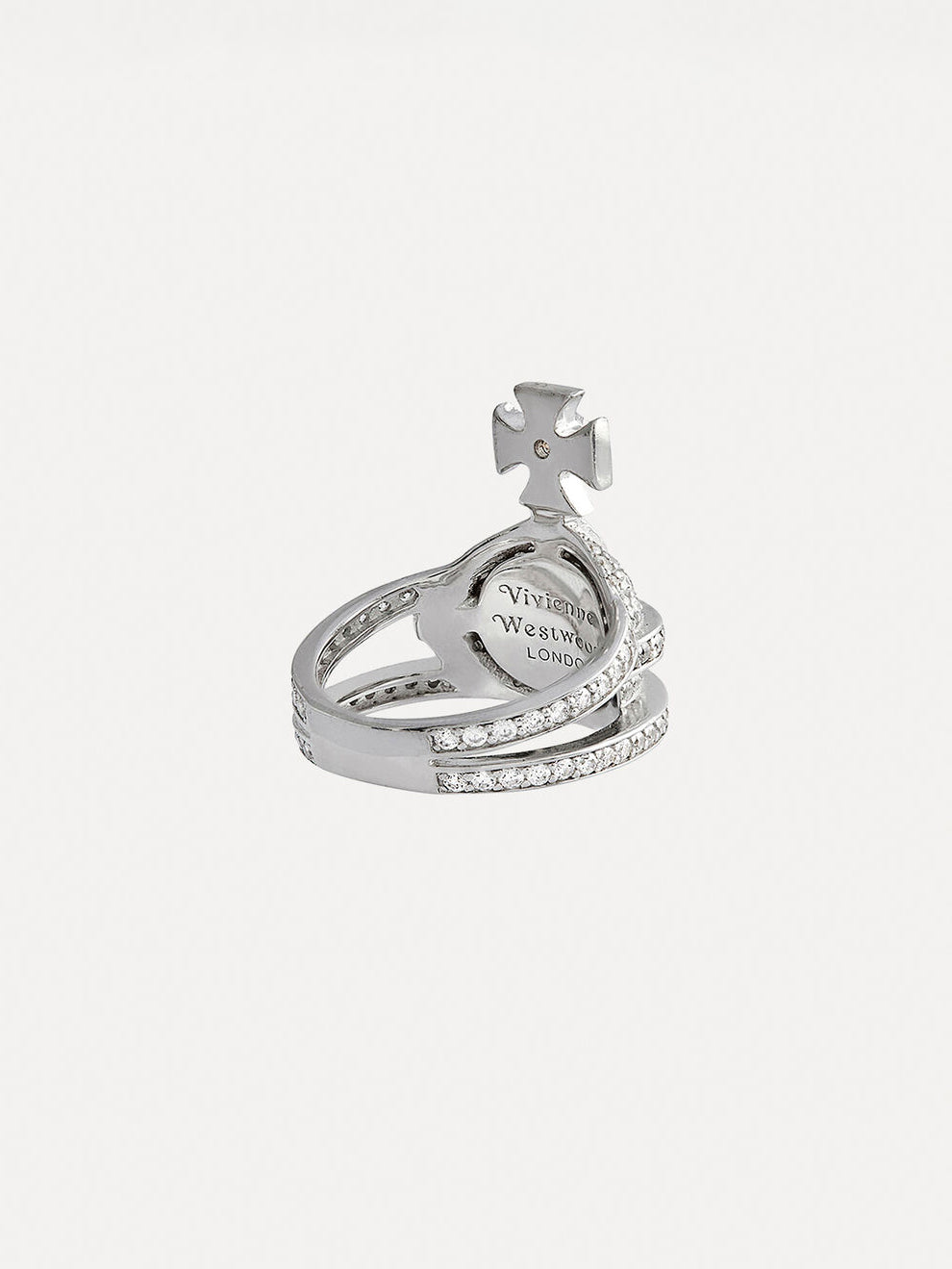 Side view of Vivienne Westwood Orb Ring in platinum with polished band, crystal detailing and signature orb silhouette