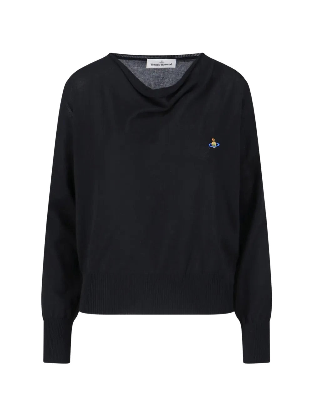 Pamela Jumper in Black by Vivienne Westwood, front view of relaxed-fit black cotton jumper with softly draped cowl neckline, long sleeves, ribbed cuffs and hem, and multicolour Orb logo embroidery at chest, Spring/Summer 2026