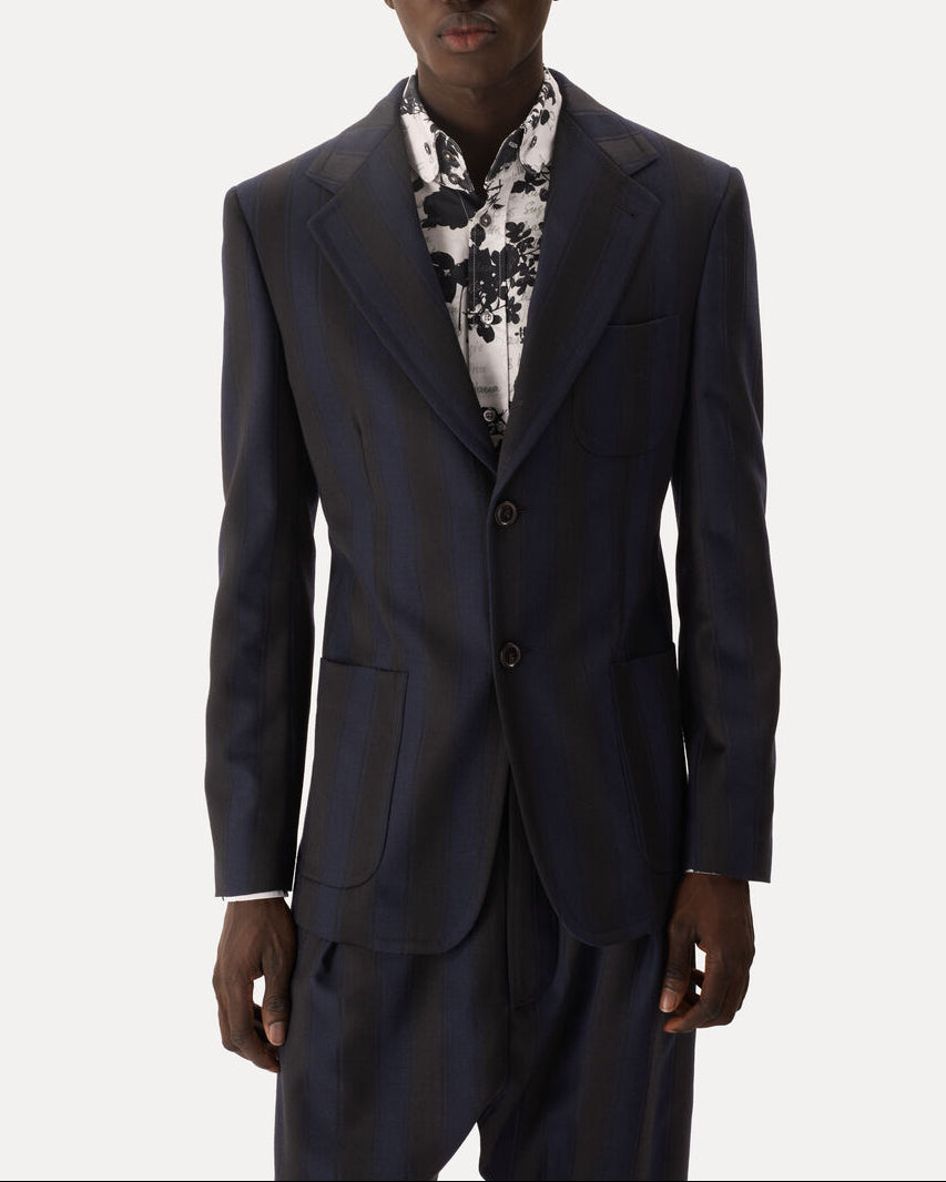 Vivienne Westwood Patch Pocket 2 Button Jacket in Midnight Blue/Black, worn front view showing the tailored fit, notch lapels and patch pocket details.