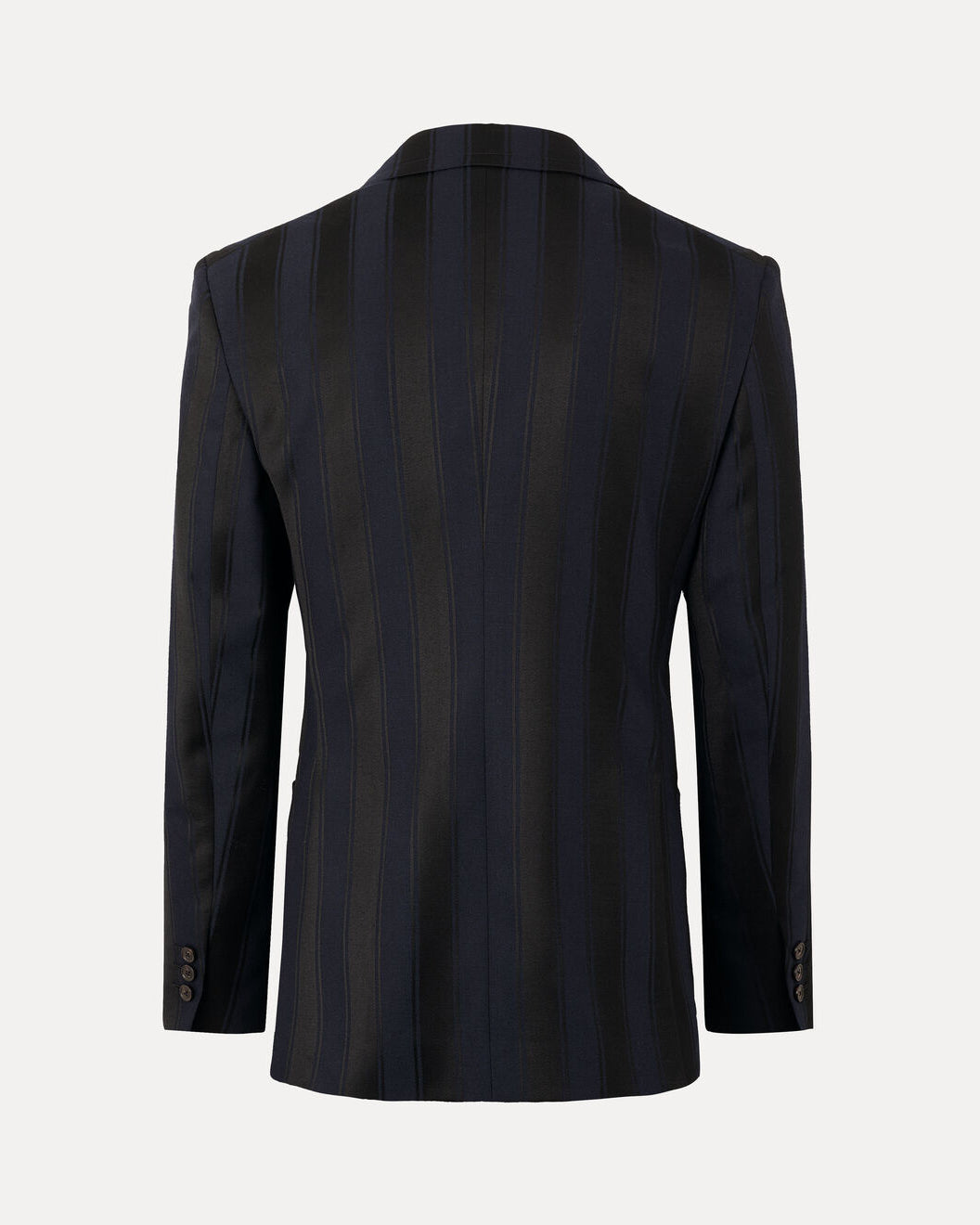 Vivienne Westwood Patch Pocket 2 Button Jacket in Midnight Blue/Black, back view showing the striped pattern, structured shoulders and buttoned cuffs.