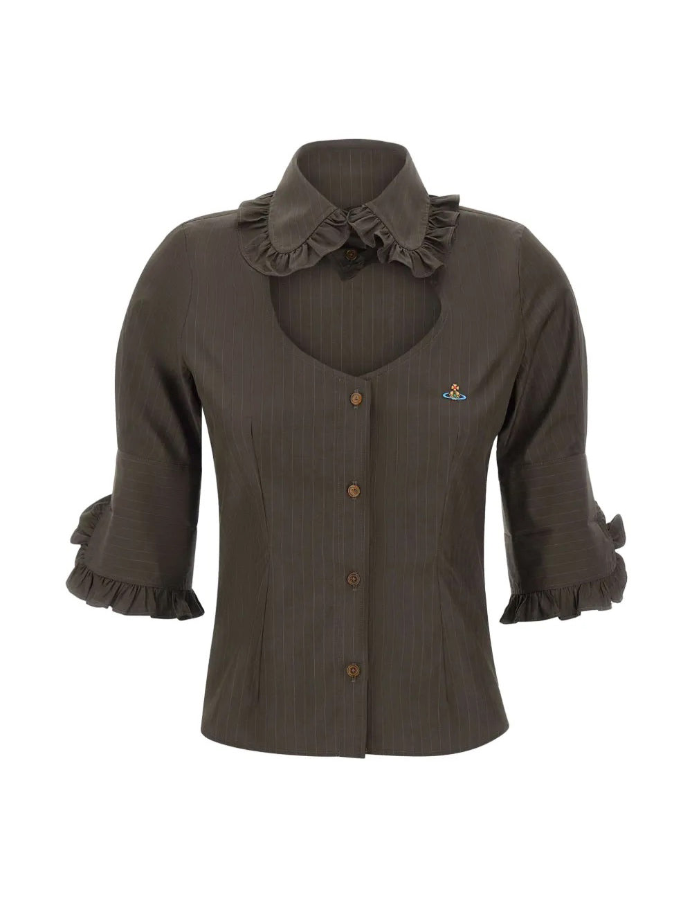 SS Toulouse Frill Shirt in Dark Khaki by Vivienne Westwood, front view of fitted dark khaki pinstripe cotton shirt with sweetheart neckline, ruffled frill collar, three-quarter sleeves with frill cuffs and Orb logo embroidery, Spring/Summer 2026
