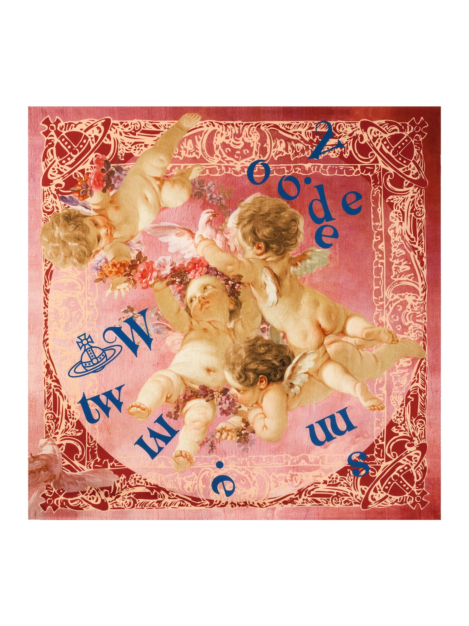 Vivienne Westwood Spring Cherub Square in pink with painterly cherub print, ornate red border, blue lettering and signature orb emblems