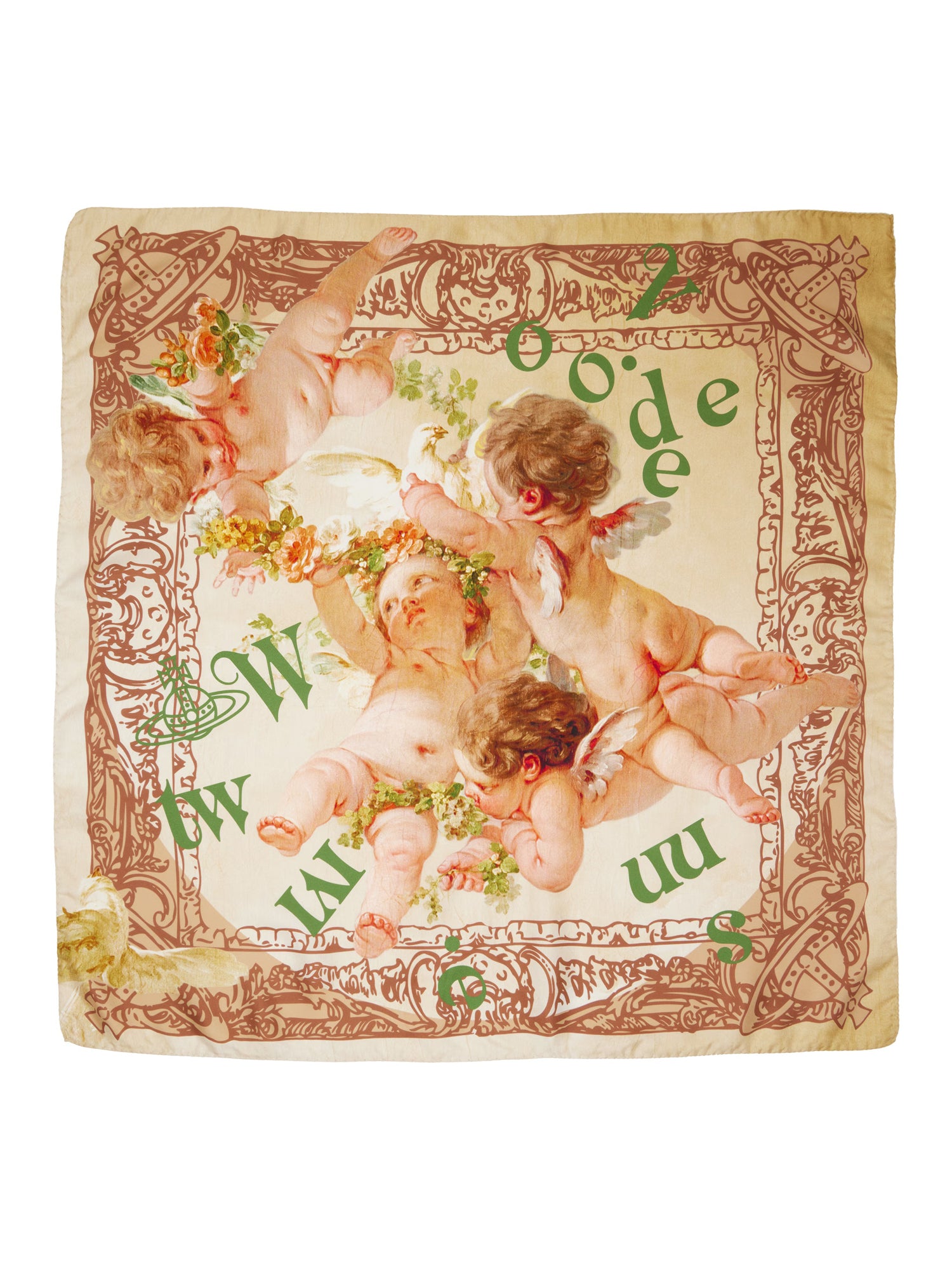 Vivienne Westwood Spring Cherub Square in yellow with painterly cherub print, ornate beige border, green lettering and signature orb emblems