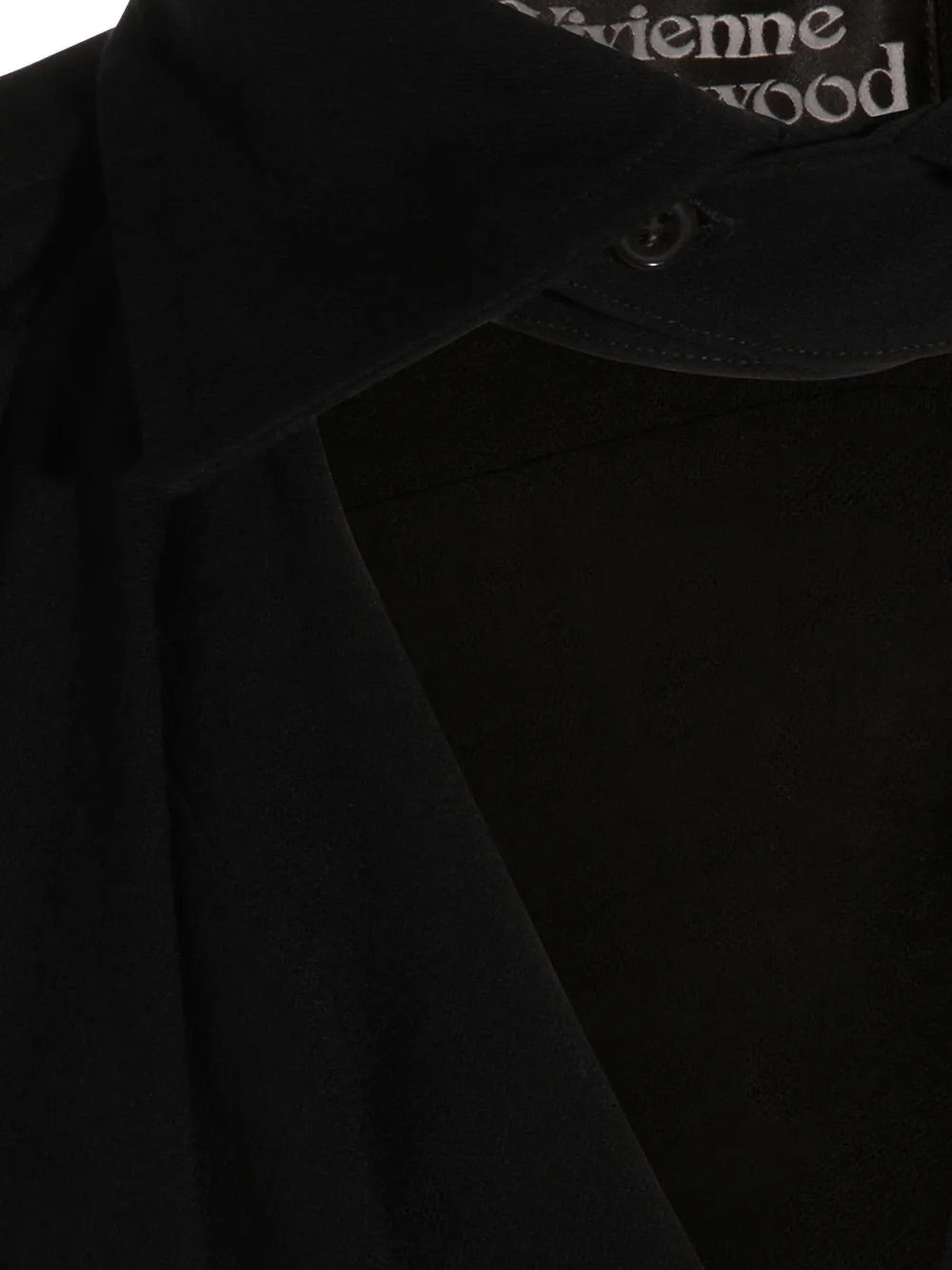 Square Shirt in Black by Vivienne Westwood, closeup of structured stand collar and softly draped front panel detail on fluid black viscose, Spring/Summer 2026