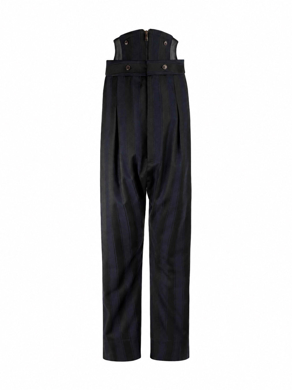 Vivienne Westwood Swing Corset Trousers in Midnight Blue Black with removable high corset waistband, front pleats and vertical satin stripe wool finish
