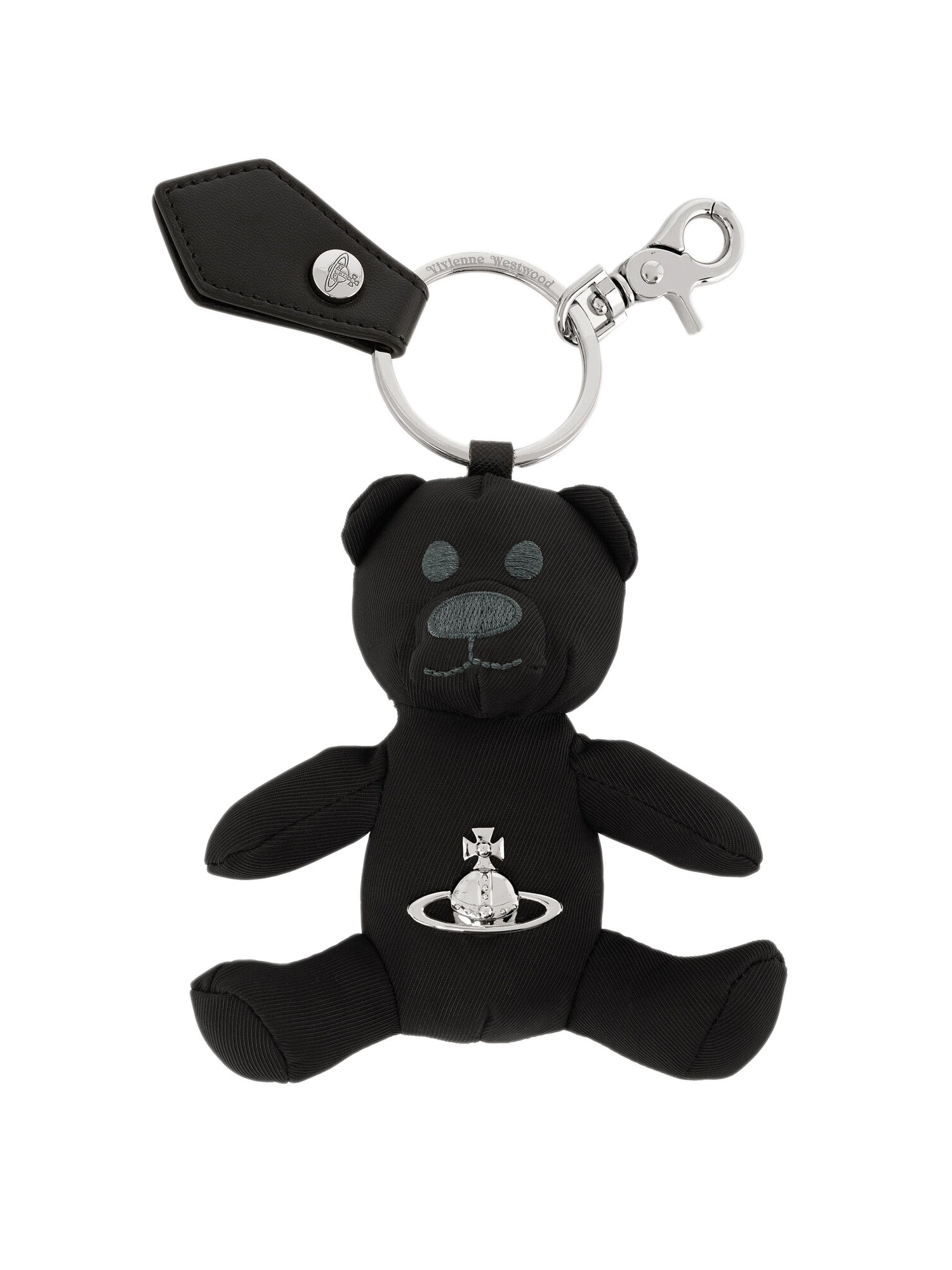 Black teddy bear keychain with a Vivienne Westwood logo on a white background
