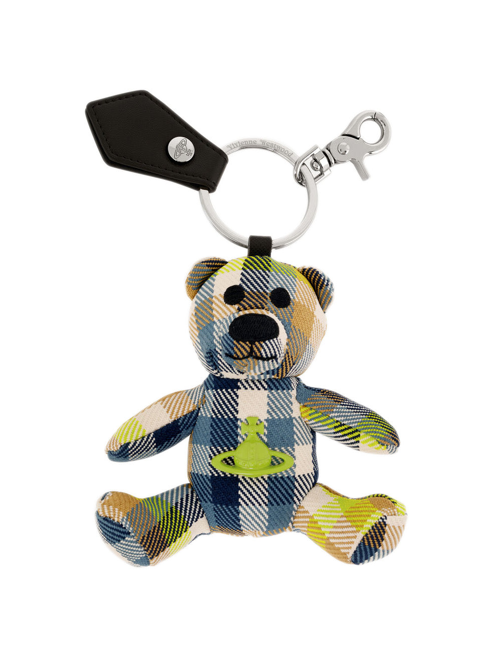 Tartan teddy bear keychain with a green orb signature from Vivienne Westwood on a white background