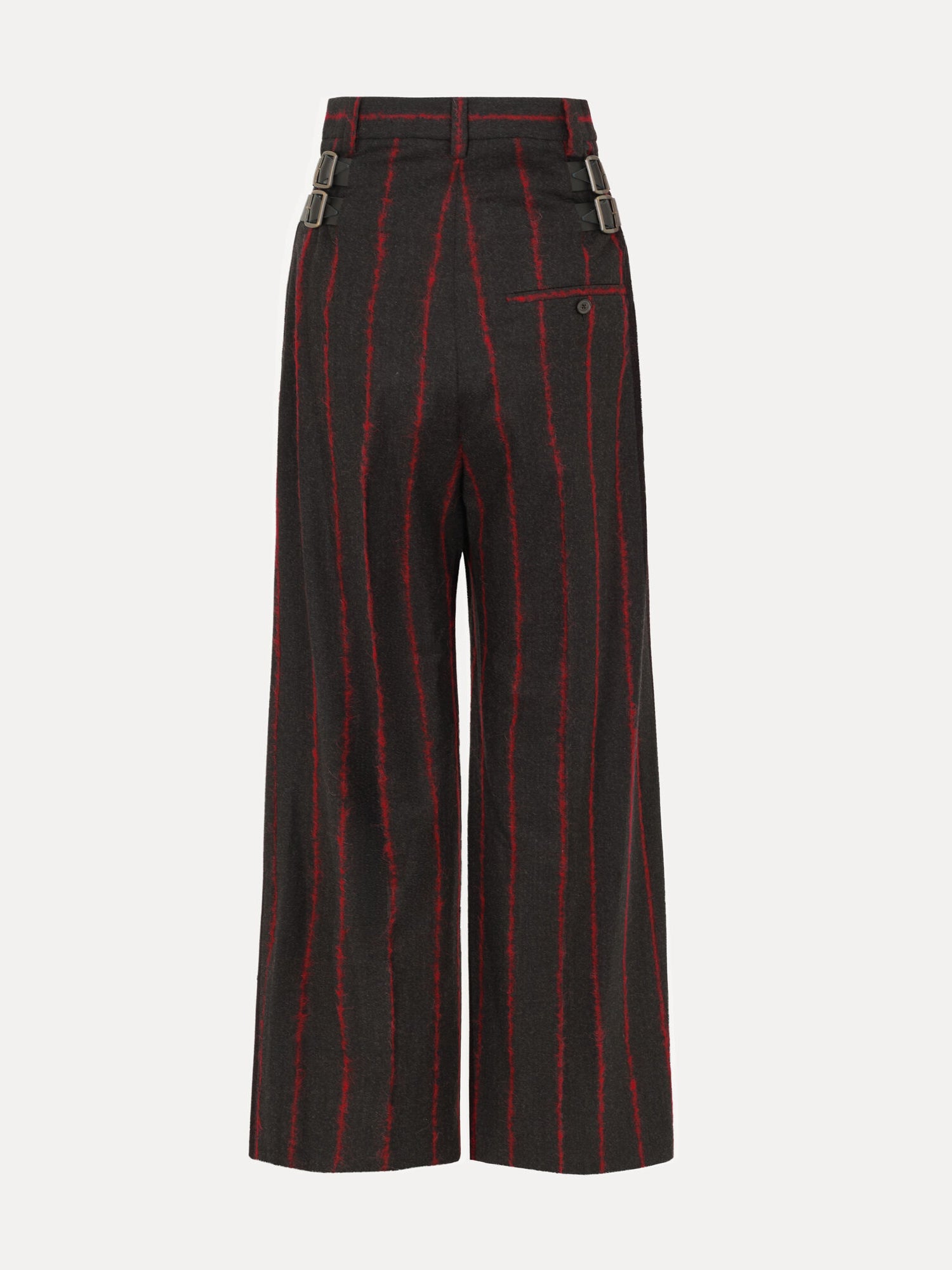 Vivienne Westwood Waisted Lauren Trousers in charcoal grey and red stripe with wraparound waist straps, buckle details and wide legs