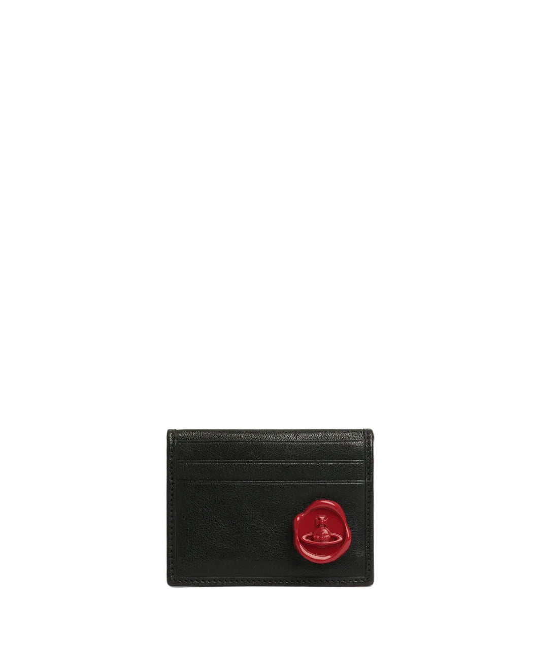 Vivienne Westwood Man Card Holder in Black, front view with multiple card slots and red wax-seal orb detail.