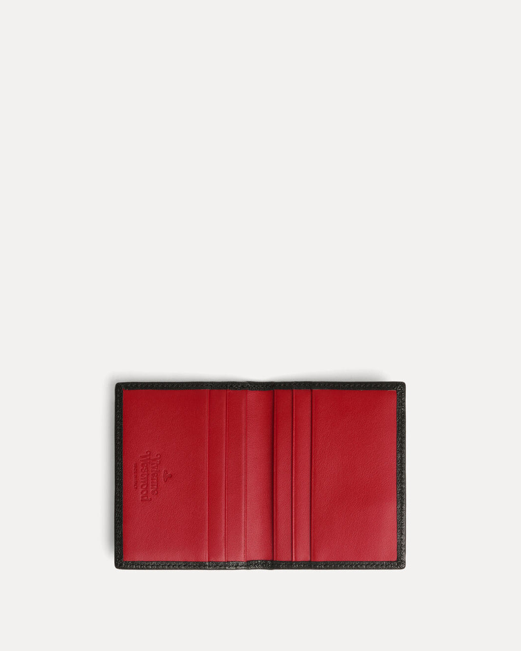 Vivienne Westwood Man Card Holder in Black, open view showing the red interior and inner card slots.