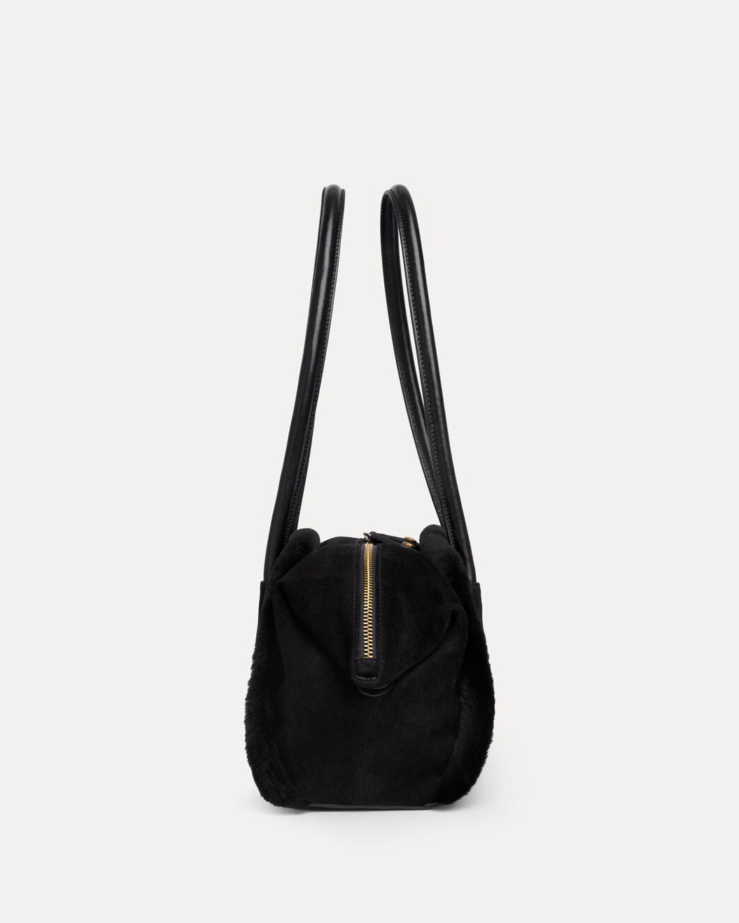 Vivienne Westwood Small Holdall in Black, side view showing the compact holdall shape, rounded top handles and gold-tone zip detail.