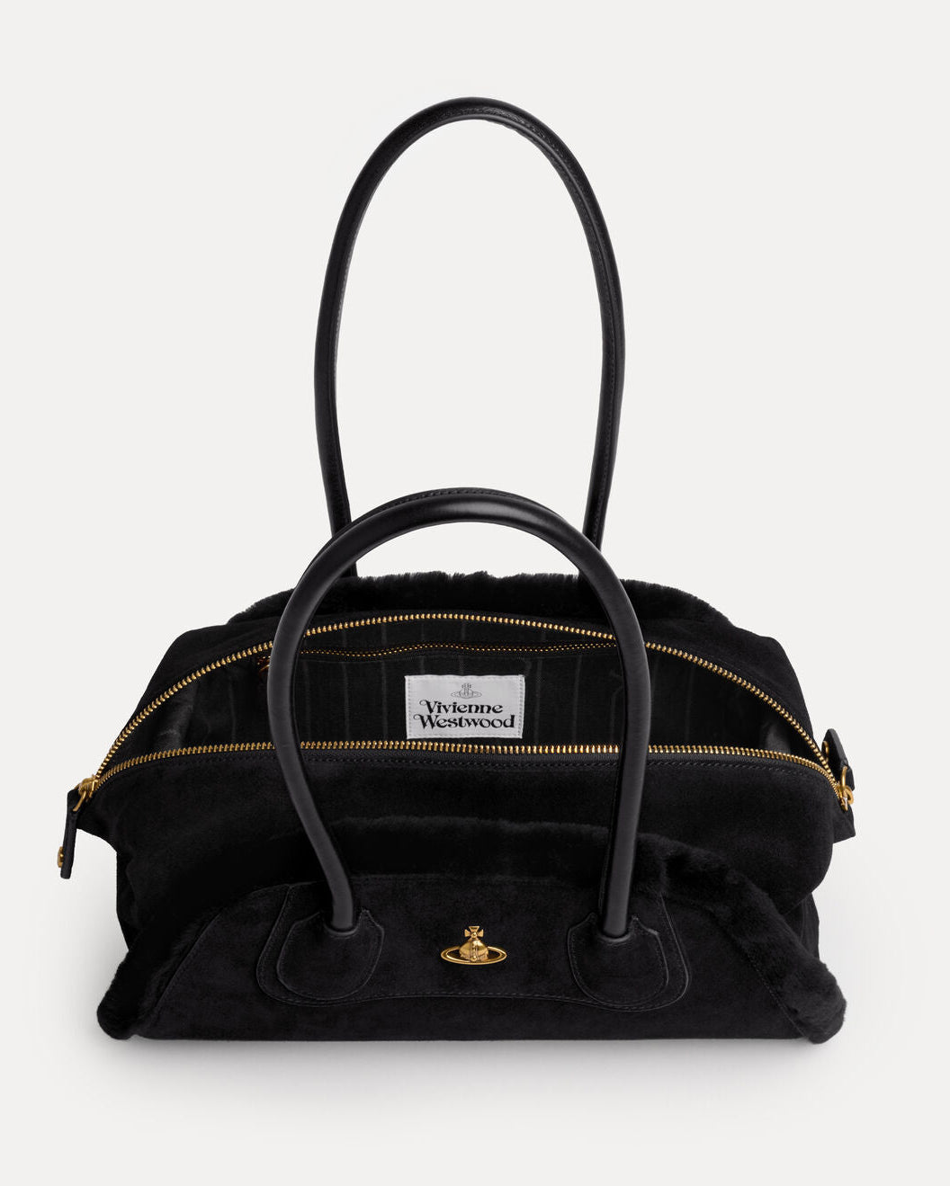Vivienne Westwood Small Holdall in Black, open back view showing the structured handles, internal logo patch and gold-tone hardware.